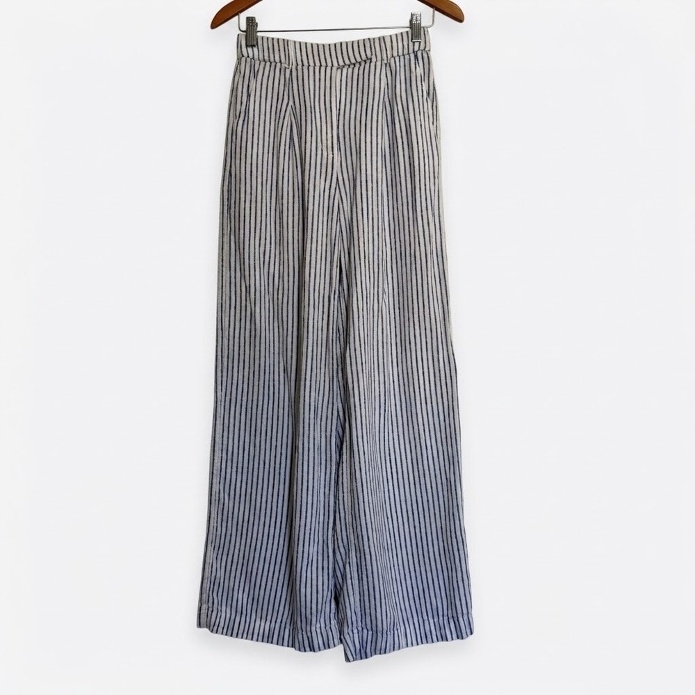 Reitmans Wide Leg Striped Linen Blend Pants Blue White Womens Size 2 Coastal